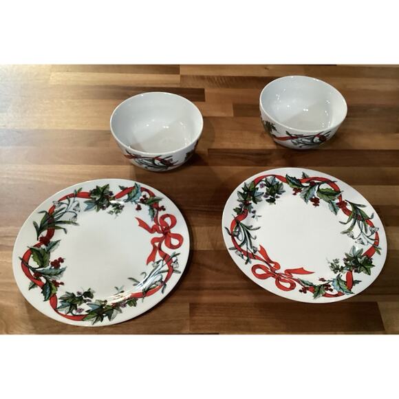 2 Brylane Home Christmas JOLLY TIME Salad Cereal Bowls/2 Salad Plates Ribbon - Picture 2 of 9